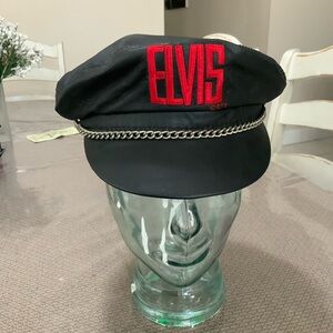 Elvis Presley leather cabbie Hat with Red Embroidery and Chain Detail